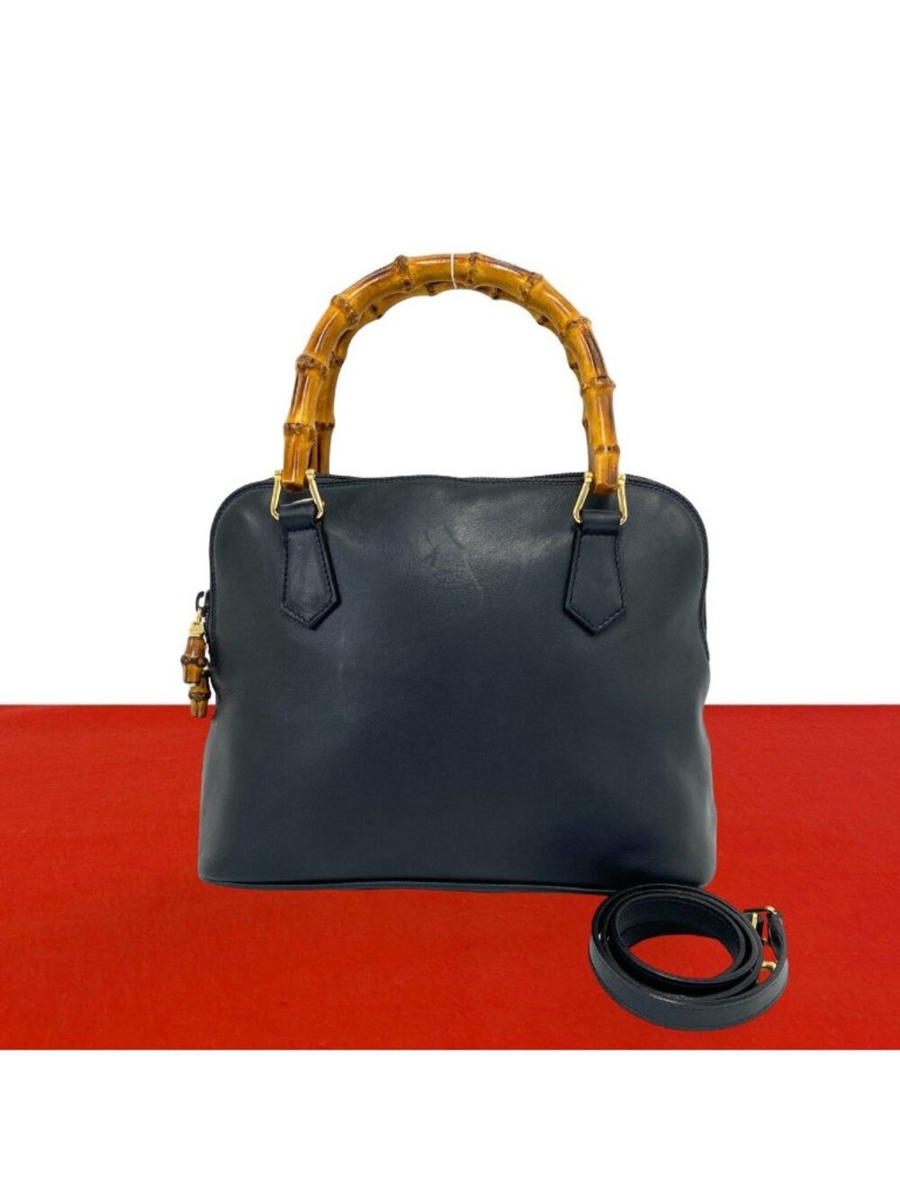 Gucci Vintage Bamboo Leather 2-Way Shoulder Bag Navy